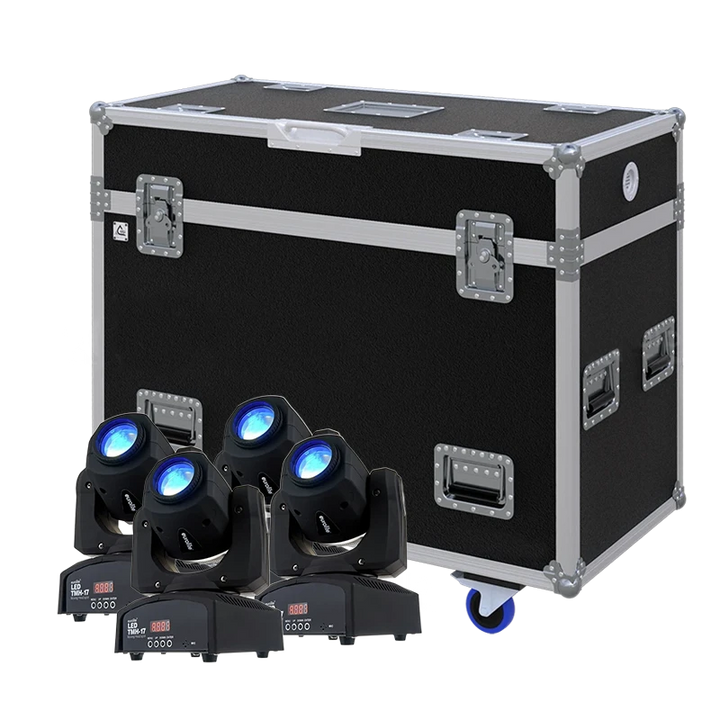 View of four Eurolite LED TMH-17 lighting fixtures with the custom ALP Flight Case in the background