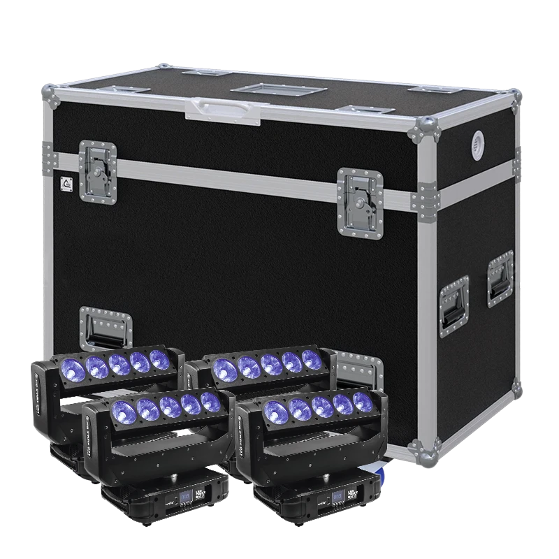 View of four Eurolite LED TMH-X Bar 5 lighting fixtures with the custom ALP Flight Case in the background