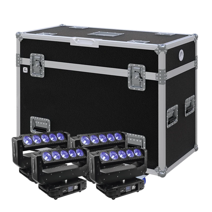 View of four Eurolite LED TMH-X Bar 5 lighting fixtures with the custom ALP Flight Case in the background