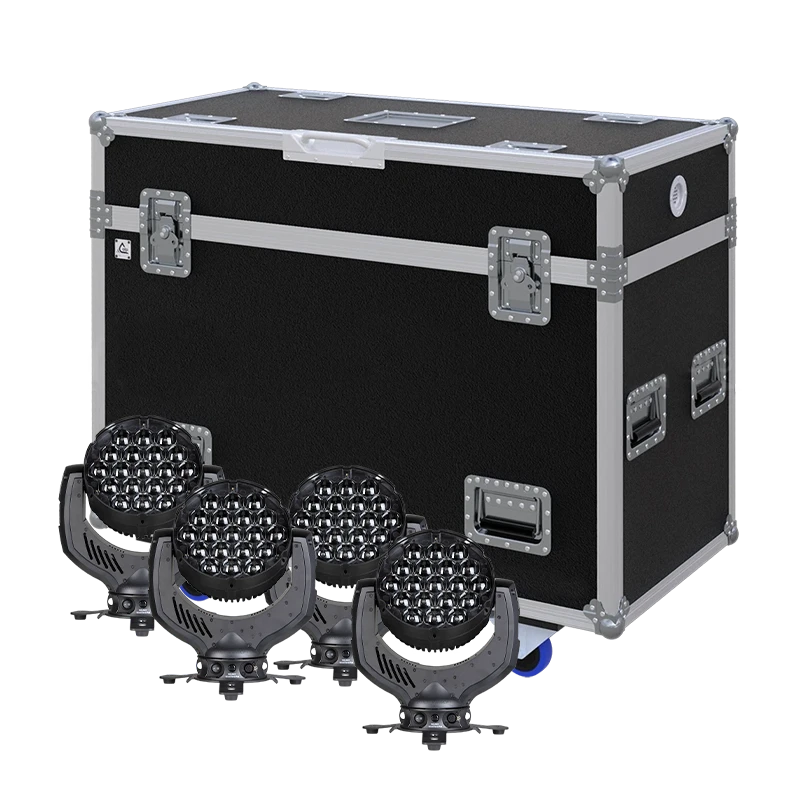 View of four GLP Impression X4 moving head fixtures with the custom ALP Flight Case in the background
