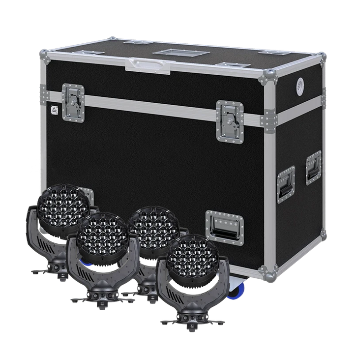 View of four GLP Impression X4 moving head fixtures with the custom ALP Flight Case in the background