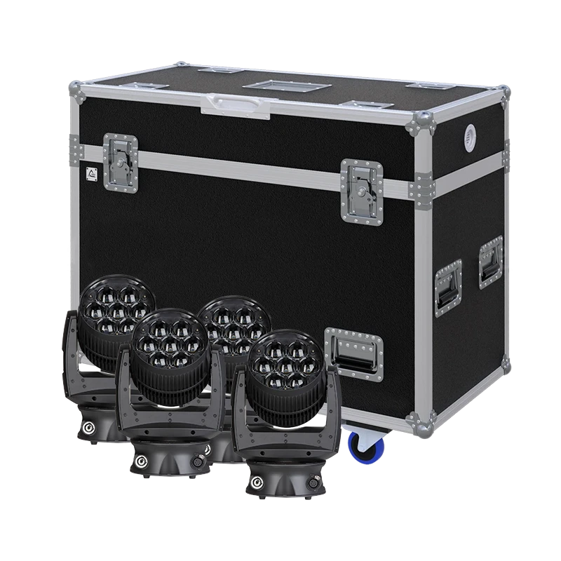 View of four GLP Impression X4s moving head fixtures with the custom ALP Flight Case in the background