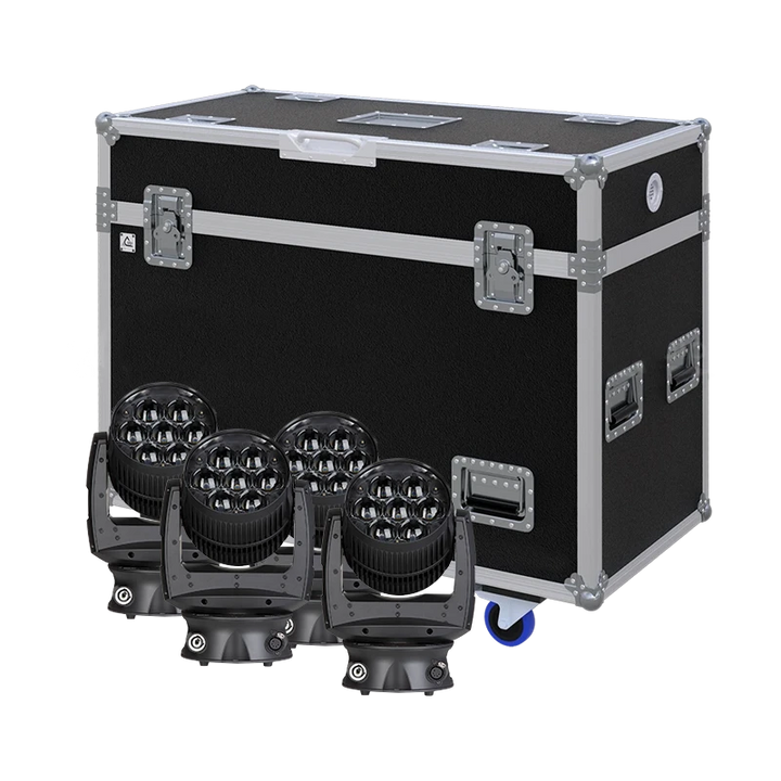 View of four GLP Impression X4s moving head fixtures with the custom ALP Flight Case in the background