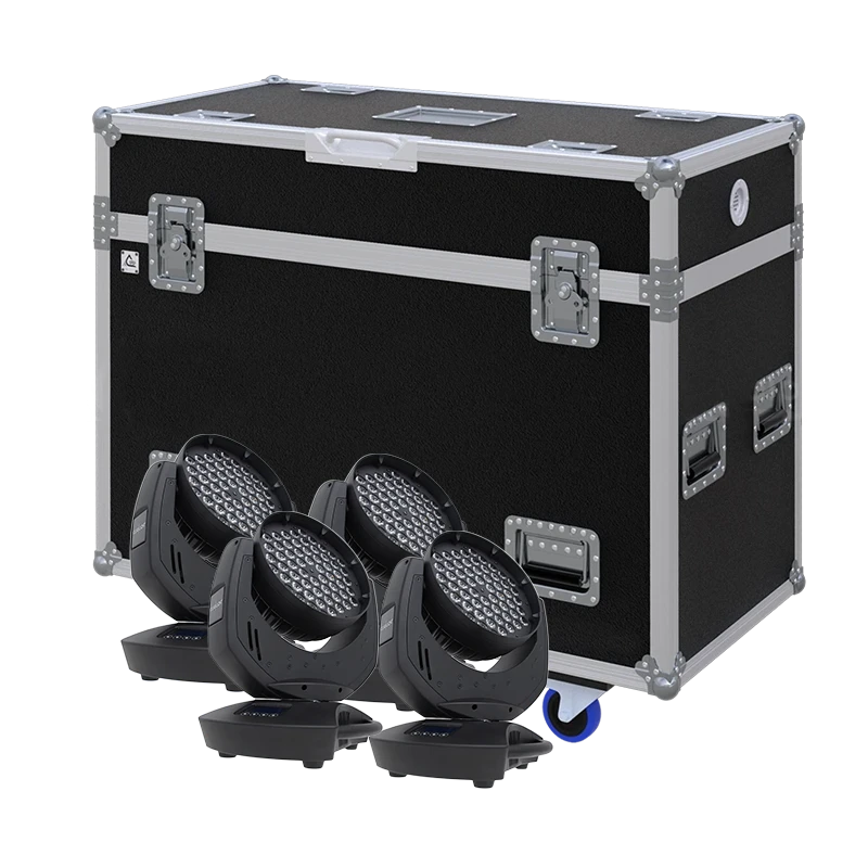 View of four GLP Volks Licht lighting fixtures with the custom ALP Flight Case in the background