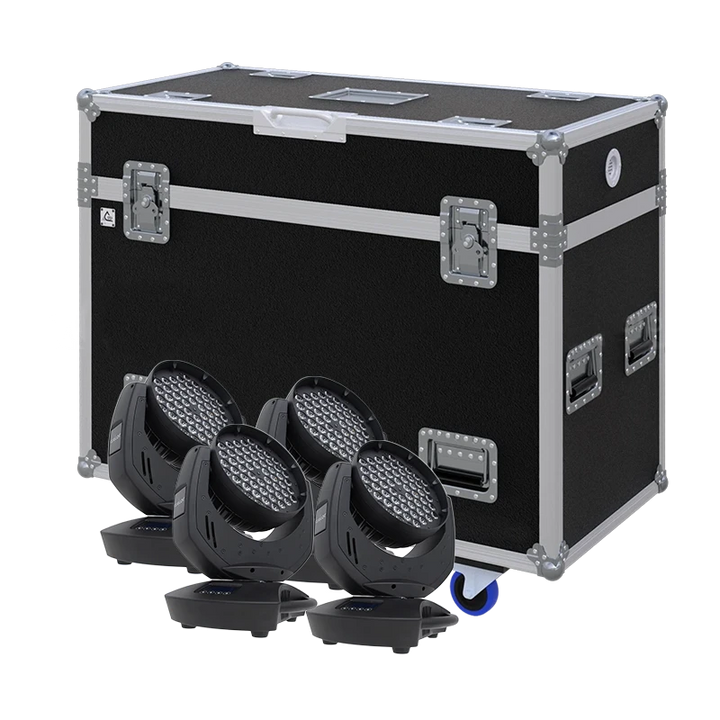 View of four GLP Volks Licht lighting fixtures with the custom ALP Flight Case in the background