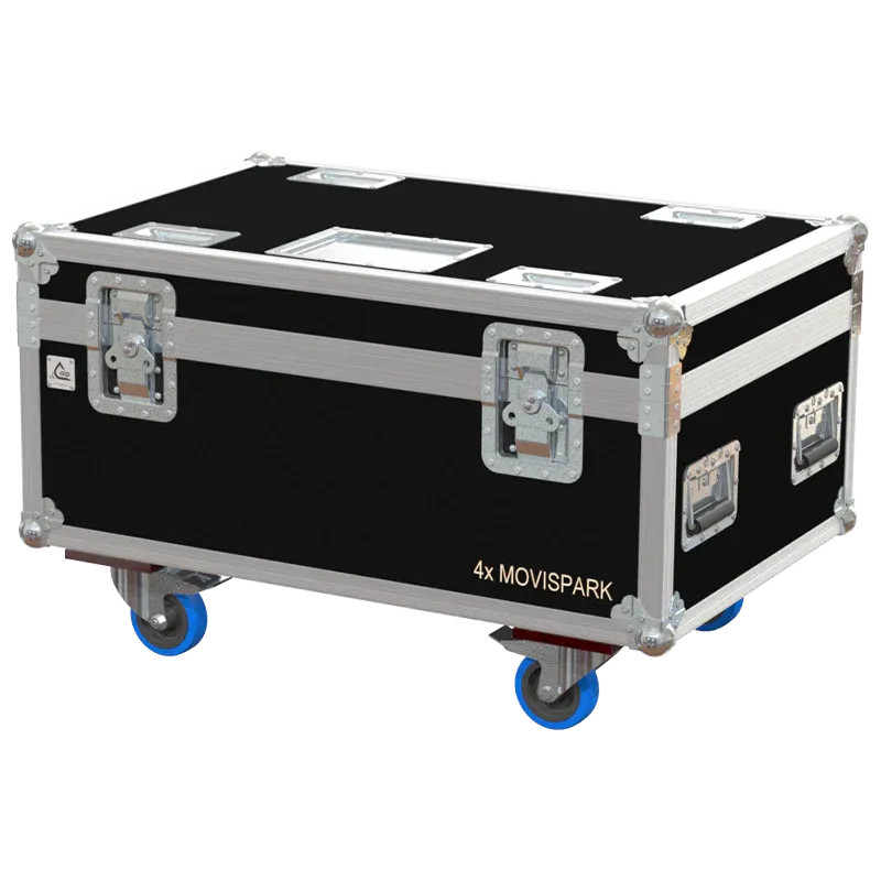 Front right view of the ALP Flight Case for 4x Leding Movi Spark Strobline featuring reinforced touring hardware, butterfly catches and durable construction
