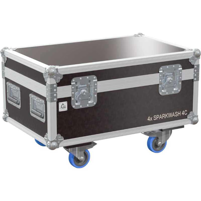 Front right view of the ALP Flight Case for 4x Leding SparkWash 4C featuring reinforced touring hardware, butterfly catches and durable construction