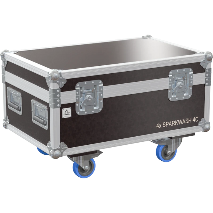 Front right view of the ALP Flight Case for 4x Leding SparkWash 4C featuring reinforced touring hardware, butterfly catches and durable construction