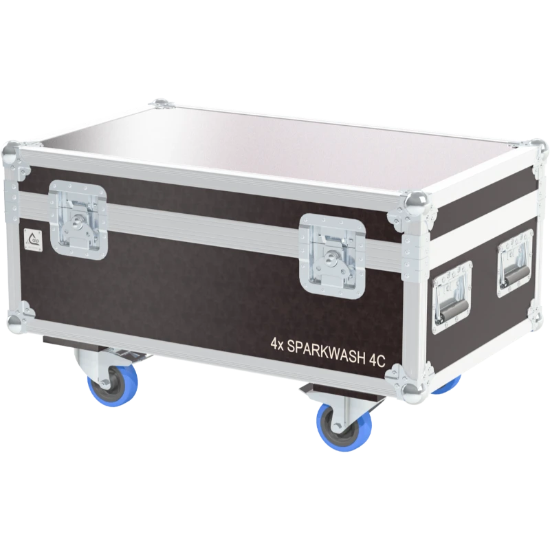 Front right view of the ALP Flight Case for 4x Leding SparkWash 4C featuring reinforced touring hardware, butterfly catches and durable construction