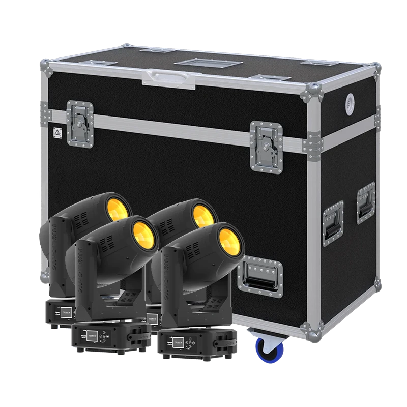 View of four Prolights Jade lighting fixtures with the custom ALP Flight Case in the background