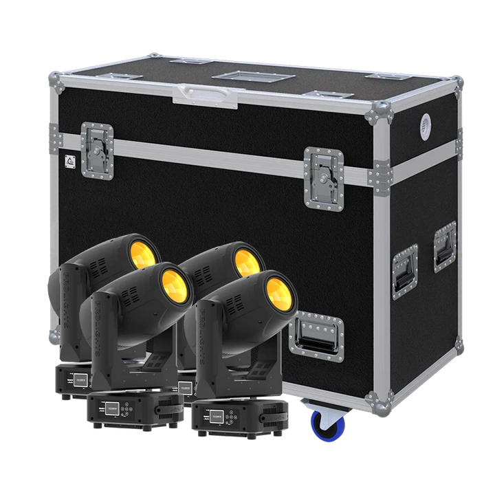 View of four Prolights Jade lighting fixtures with the custom ALP Flight Case in the background