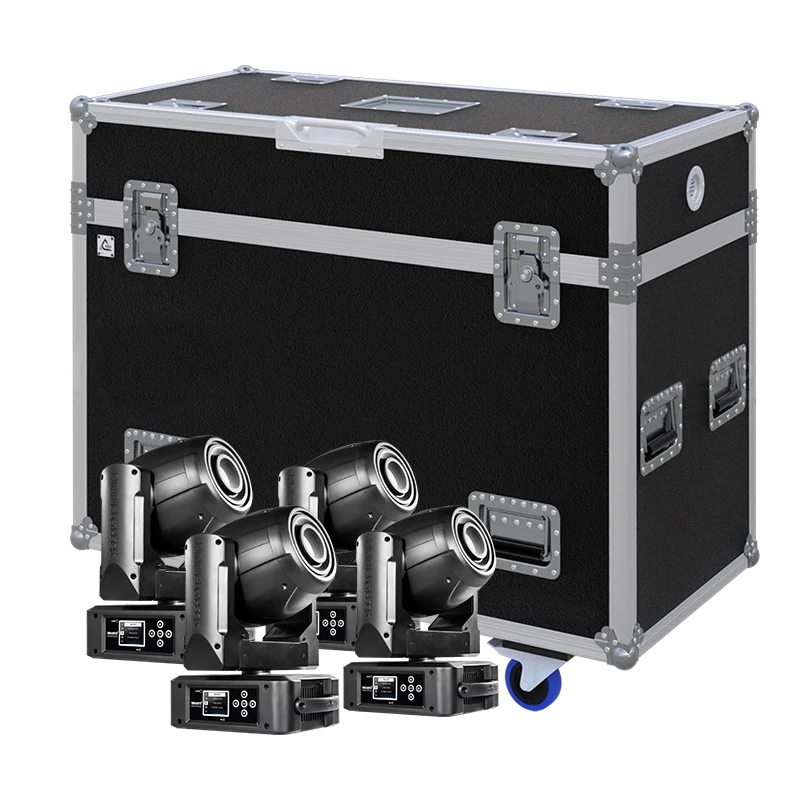 View of four Prolights Moonstone lighting fixtures with the custom ALP Flight Case in the background
