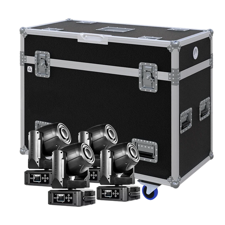 View of four Prolights Moonstone lighting fixtures with the custom ALP Flight Case in the background