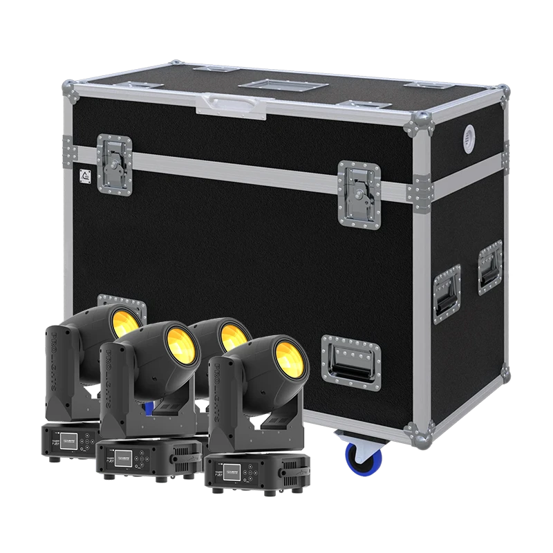 View of four Prolights Ruby lighting fixtures with the custom ALP Flight Case in the background