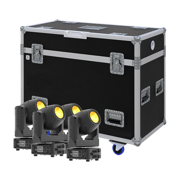 View of four Prolights Ruby lighting fixtures with the custom ALP Flight Case in the background
