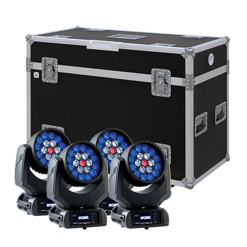 View of four Robe LEDWash 300+ moving head fixtures with the custom ALP Flight Case in the background