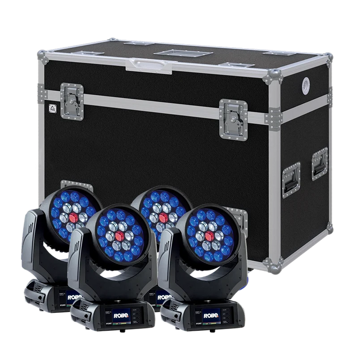 View of four Robe LEDWash 300+ moving head fixtures with the custom ALP Flight Case in the background