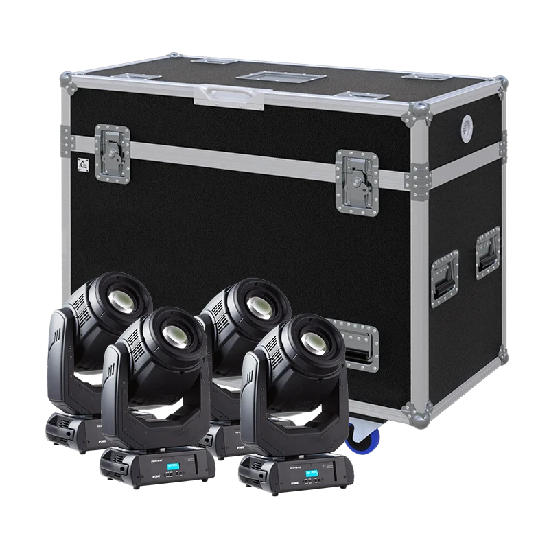 View of four Robe miniPointe moving head fixtures with the custom ALP Flight Case in the background