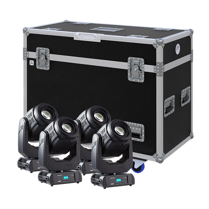 View of four Robe miniPointe moving head fixtures with the custom ALP Flight Case in the background