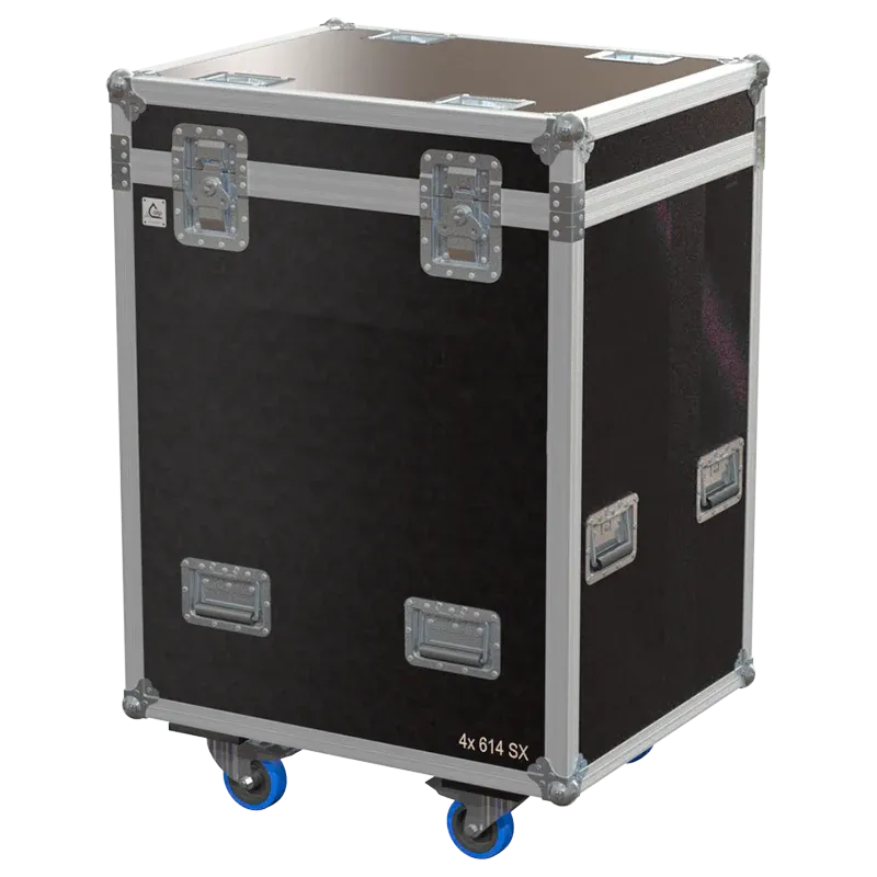 Front right view of the ALP Flight Case for 4x Robert Juliat 614SX featuring reinforced touring hardware, butterfly catches and durable construction