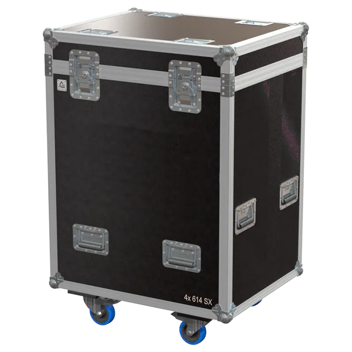 Front right view of the ALP Flight Case for 4x Robert Juliat 614SX featuring reinforced touring hardware, butterfly catches and durable construction