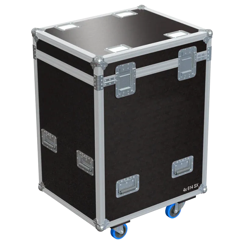 Rear view of the ALP Flight Case for 4x Robert Juliat 614SX showing reinforced protective structure and touring hardware