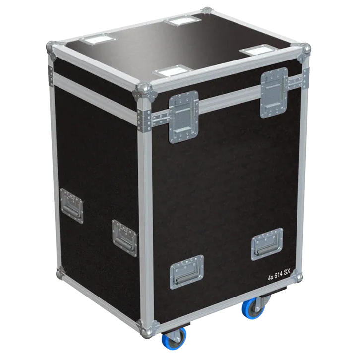 Rear view of the ALP Flight Case for 4x Robert Juliat 614SX showing reinforced protective structure and touring hardware