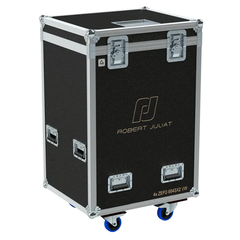 Front right view of the ALP Flight Case for 4x Robert Juliat ZEP2 664SX2VW featuring reinforced touring hardware, butterfly catches and durable construction