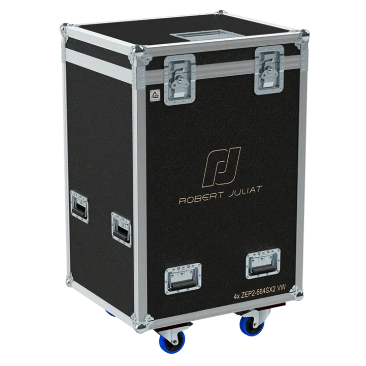 Front right view of the ALP Flight Case for 4x Robert Juliat ZEP2 664SX2VW featuring reinforced touring hardware, butterfly catches and durable construction