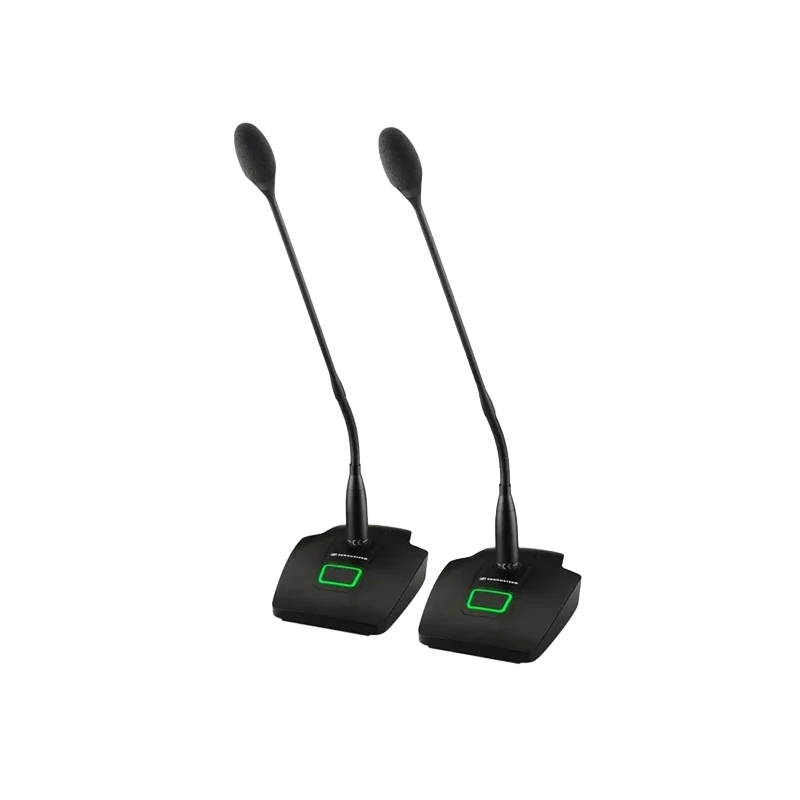 Standalone view of four Sennheiser MAT133 table stands and four MEG 14-40 gooseneck microphones