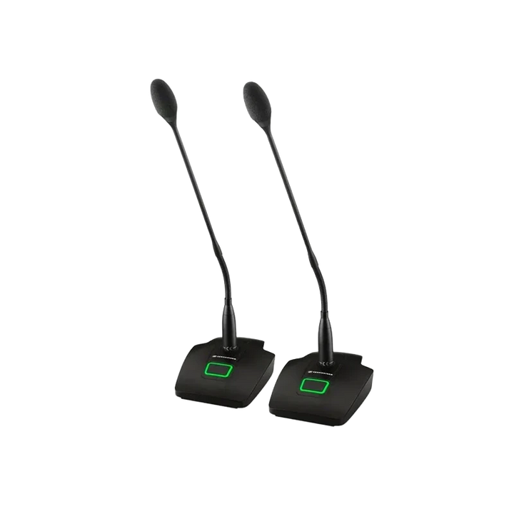 Standalone view of four Sennheiser MAT133 table stands and four MEG 14-40 gooseneck microphones