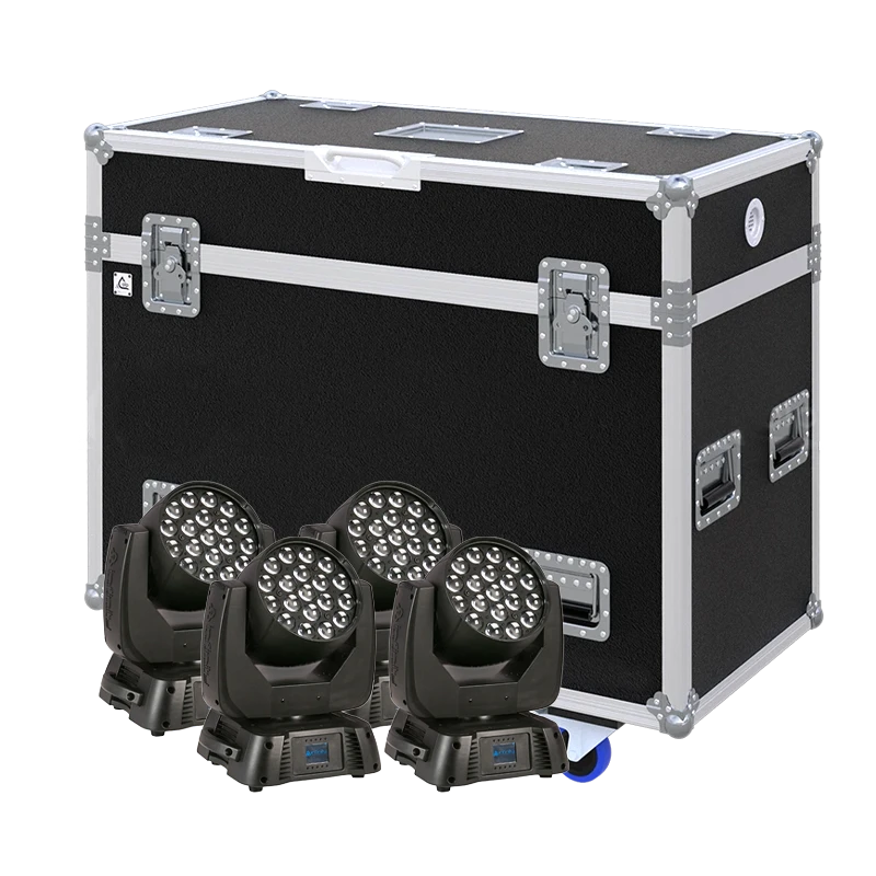 View of four Showtec iW-1915 lighting fixtures with the custom ALP Flight Case in the background