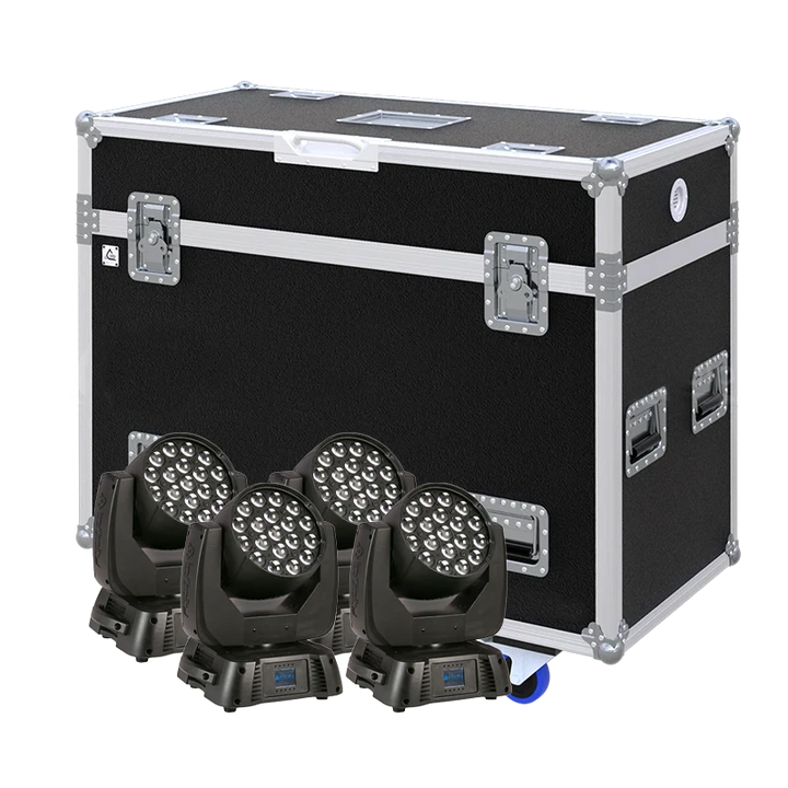 View of four Showtec iW-1915 lighting fixtures with the custom ALP Flight Case in the background