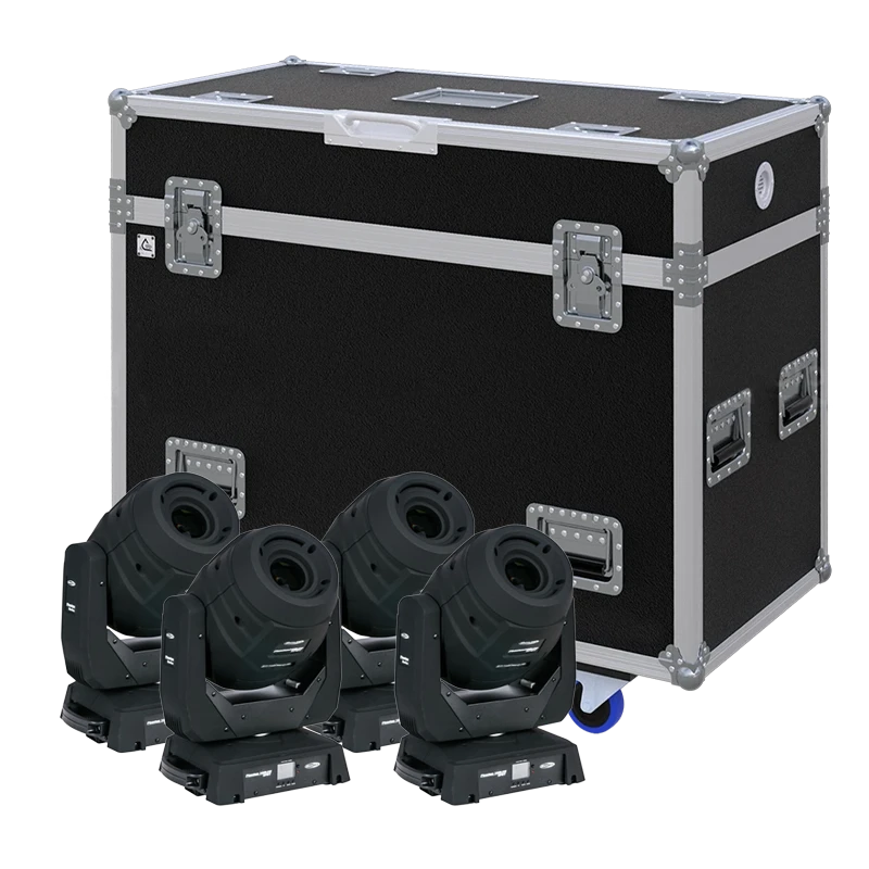 View of four Showtec Phantom 140LED Beam moving head fixtures with the custom ALP Flight Case in the background