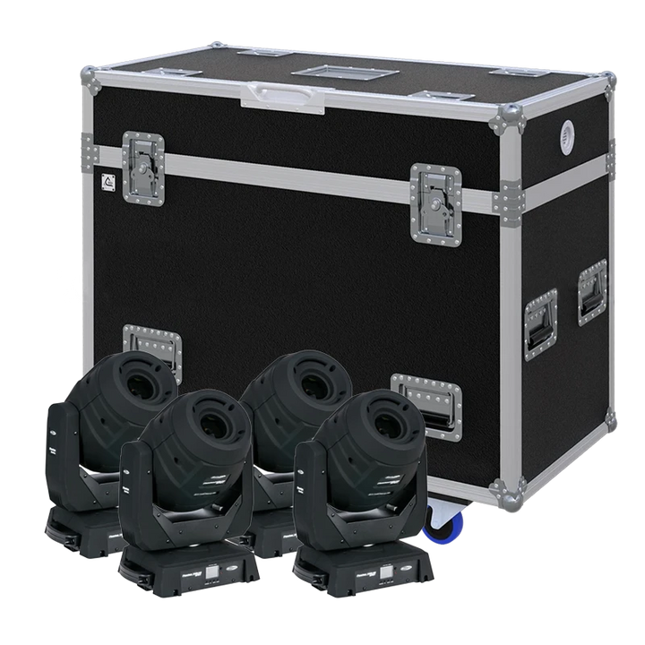 View of four Showtec Phantom 140LED Beam moving head fixtures with the custom ALP Flight Case in the background