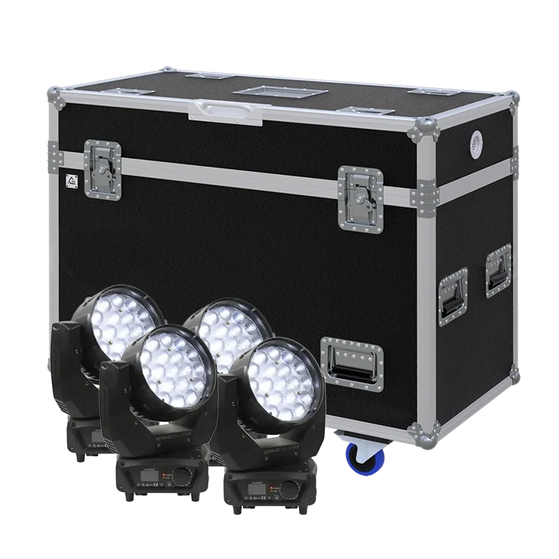 View of four Starway Servo Color 4K lighting fixtures with the custom ALP Flight Case in the background