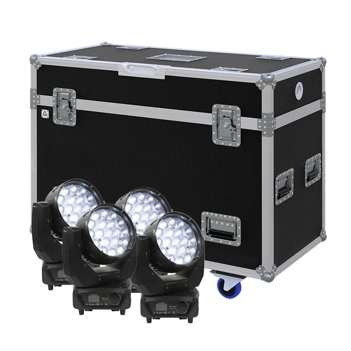 View of four Starway Servo Color 4K lighting fixtures with the custom ALP Flight Case in the background