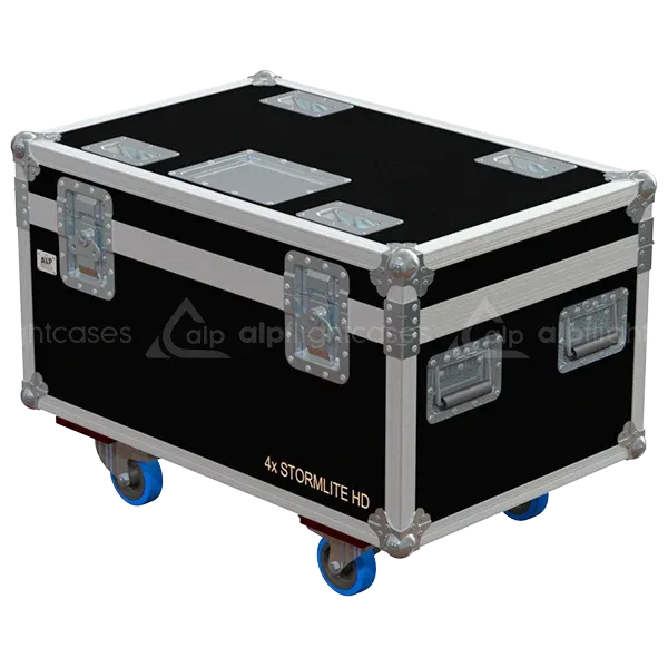 Front right view of the ALP Flight Case for 4x Stormlite HD featuring reinforced touring hardware, butterfly catches and durable construction