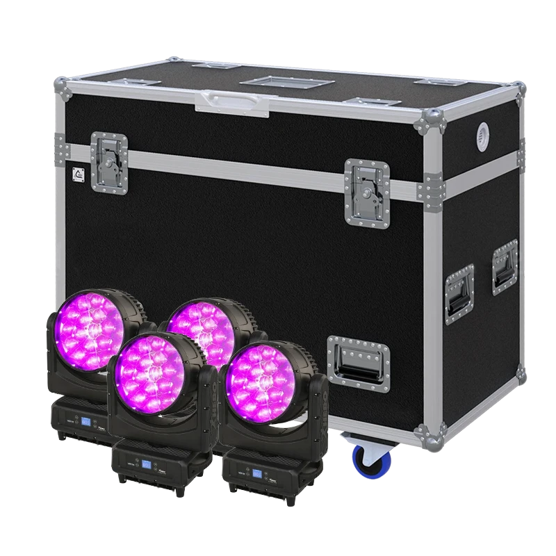 View of four VARYTEC HERO WASH lighting fixtures with the custom ALP Flight Case in the background