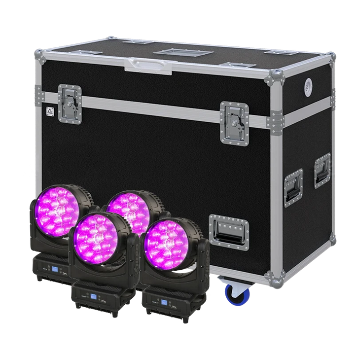View of four VARYTEC HERO WASH lighting fixtures with the custom ALP Flight Case in the background