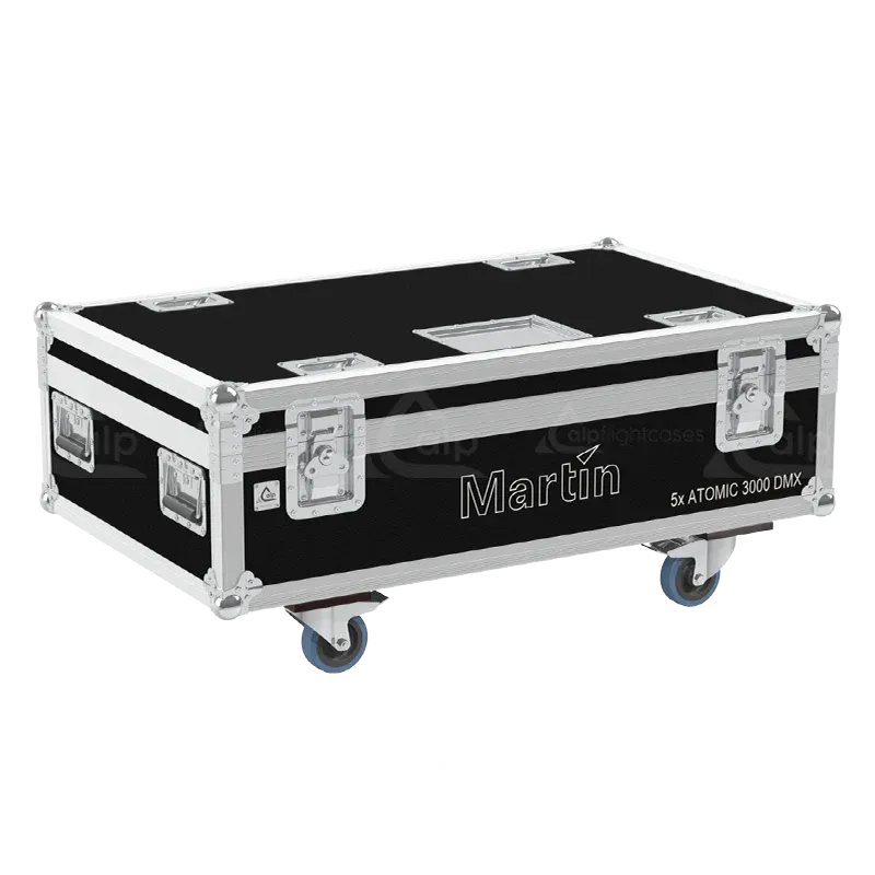 Front right view of the ALP Flight Case for 5x Martin Atomic 3000 DMX featuring reinforced touring hardware, butterfly catches and durable construction