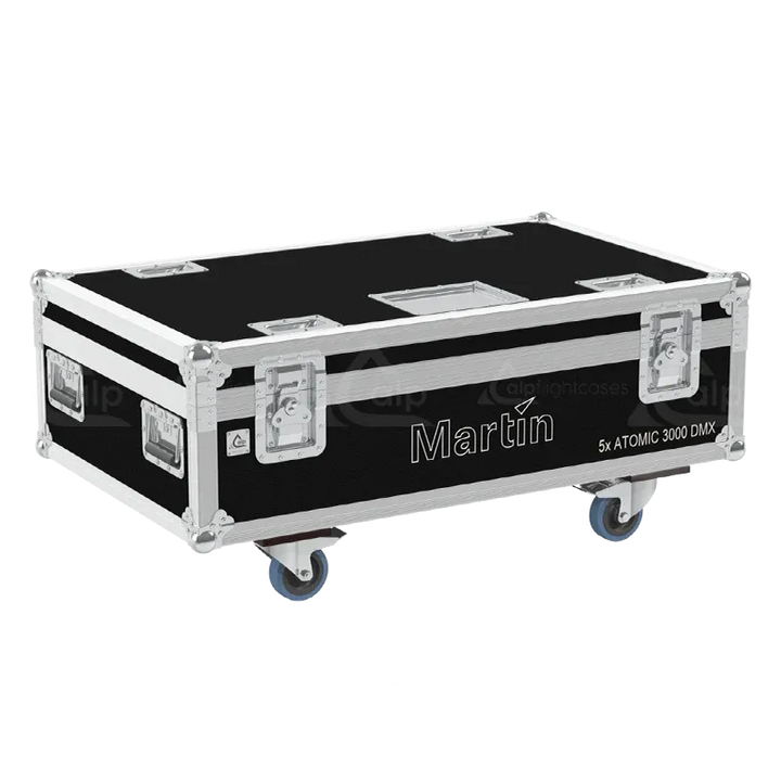 Front right view of the ALP Flight Case for 5x Martin Atomic 3000 DMX featuring reinforced touring hardware, butterfly catches and durable construction