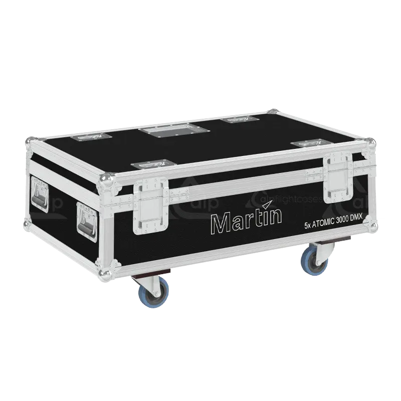 Rear view of the ALP Flight Case for 5x Martin Atomic 3000 DMX showing reinforced protective structure and touring hardware