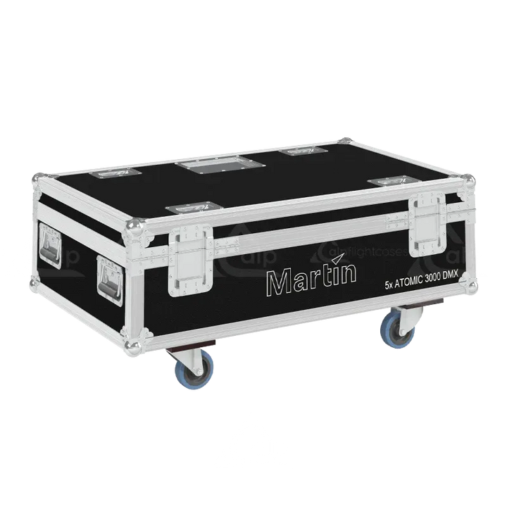 Rear view of the ALP Flight Case for 5x Martin Atomic 3000 DMX showing reinforced protective structure and touring hardware