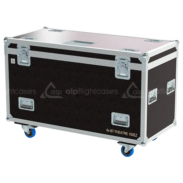 Front right view of the ALP Flight Case for 6x Briteq BT-THEATRE 150EZ featuring reinforced touring hardware, butterfly catches and durable construction