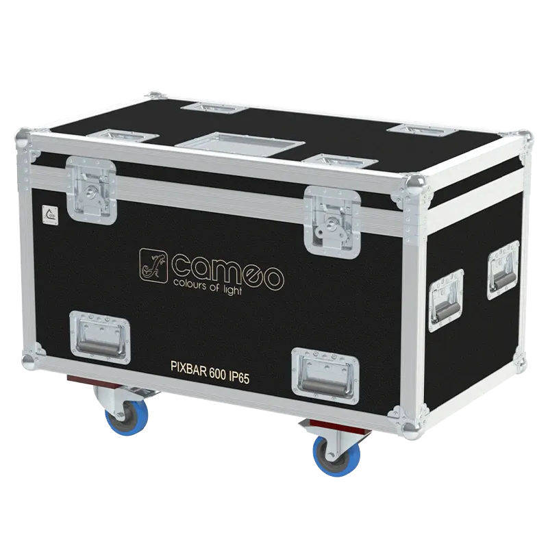 Front right view of the ALP Flight Case for 6x Cameo ZENIT W600 IP65 featuring reinforced touring hardware, butterfly catches and durable construction