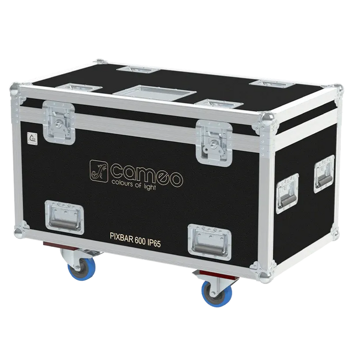 Front right view of the ALP Flight Case for 6x Cameo ZENIT W600 IP65 featuring reinforced touring hardware, butterfly catches and durable construction