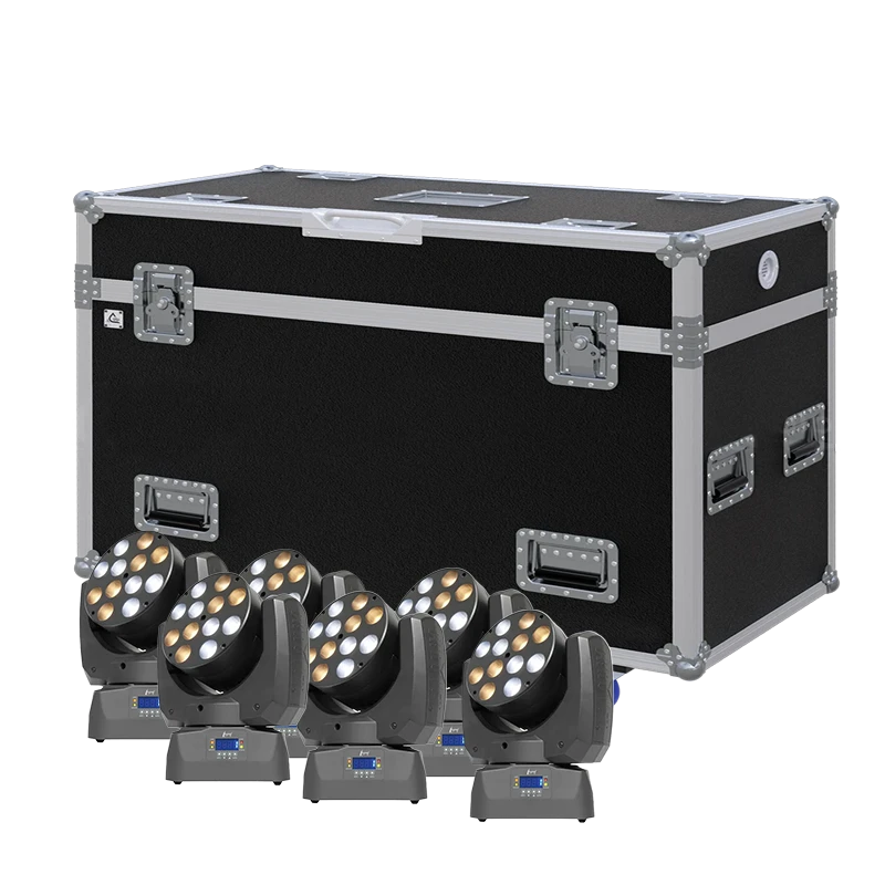 View of six Chauvet Legend 412 lighting fixtures with the custom ALP Flight Case in the background