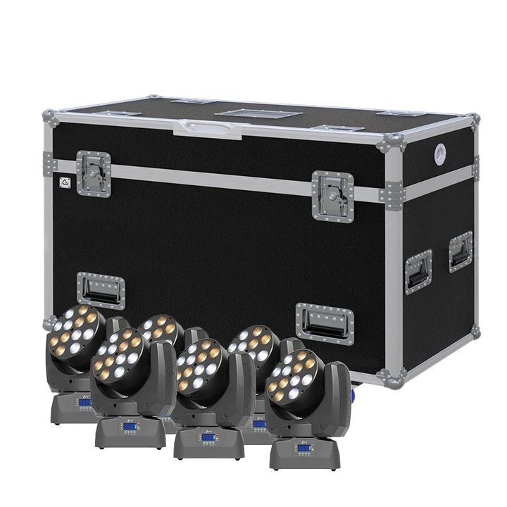 View of six Chauvet Legend 412 lighting fixtures with the custom ALP Flight Case in the background