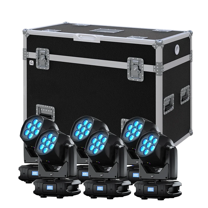 View of six DTS EUPHONY 3 lighting fixtures with the custom ALP Flight Case in the background